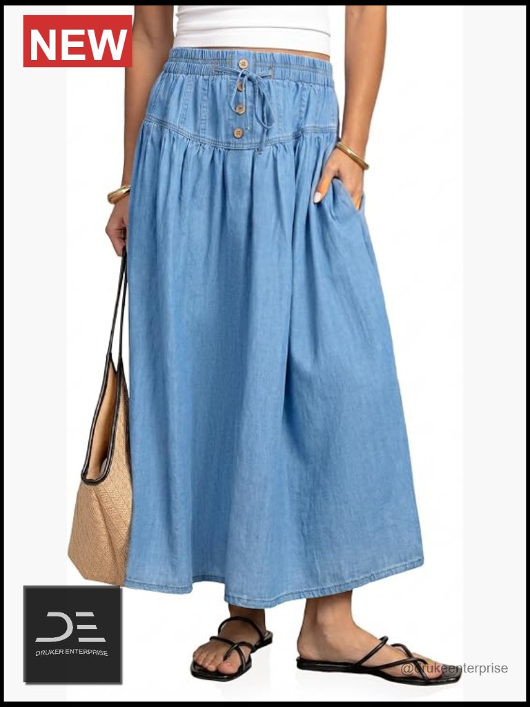 Drawstring High Waisted Denim Midi Skirt A-Line Button Front Pleated Long Skirt